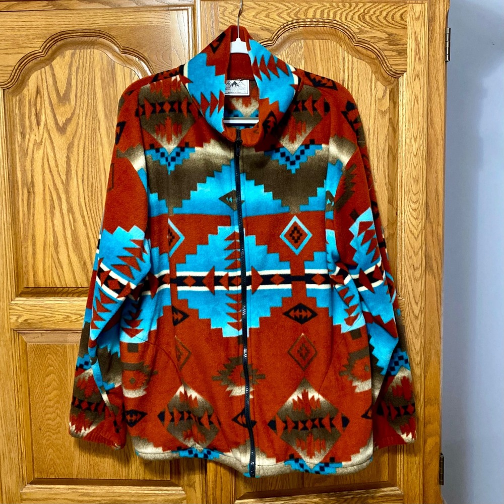 Vtg Black Mountain Fleece Jacket Mens XL Aztec Geometric Southwestern Full Zip